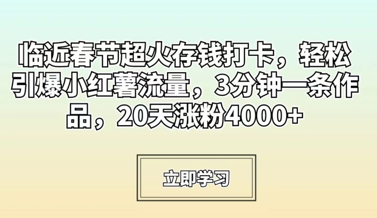 临近春节超火存钱打卡，轻松引爆小红薯流量，3分钟一条作品，20天涨粉4000+【揭秘】-成可创学网