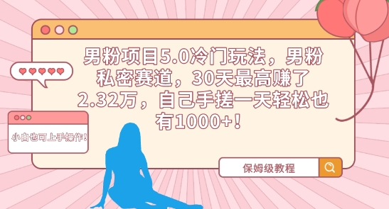 男粉项目5.0冷门玩法，男粉私密赛道，30天最高赚了2.32万，自己手搓一天轻松也有1000+【揭秘】-成可创学网