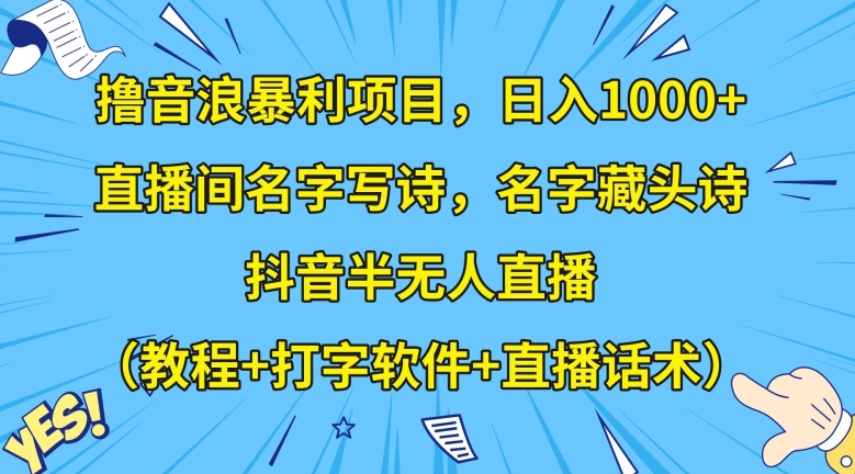 撸音浪暴利项目，日入1000+，直播间名字写诗，名字藏头诗，抖音半无人直播（教程+打字软件+直播话术）【揭秘】-成可创学网