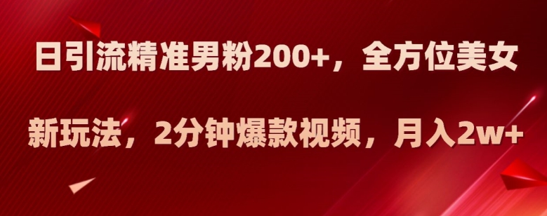 日引流精准男粉200+，全方位美女新玩法，2分钟爆款视频，月入2w+【揭秘】-成可创学网