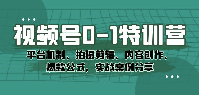 视频号0-1特训营：平台机制、拍摄剪辑、内容创作、爆款公式，实战案例分享-成可创学网