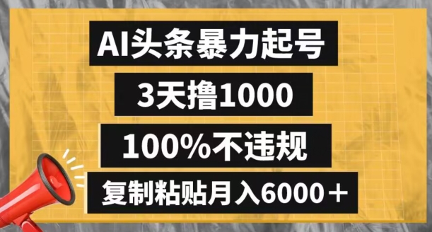 AI头条暴力起号，3天撸1000,100%不违规，复制粘贴月入6000＋【揭秘】-成可创学网