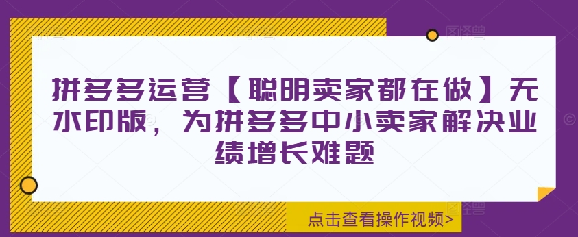 拼多多运营【聪明卖家都在做】无水印版，为拼多多中小卖家解决业绩增长难题-成可创学网