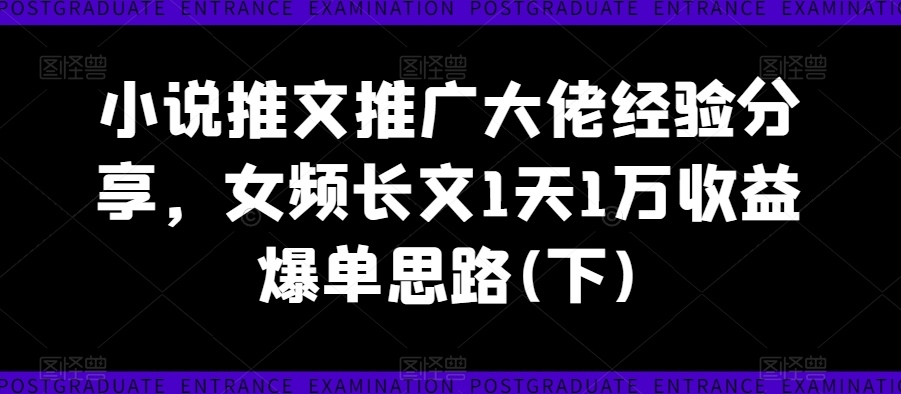 小说推文推广大佬经验分享，女频长文1天1万收益爆单思路(下)-成可创学网