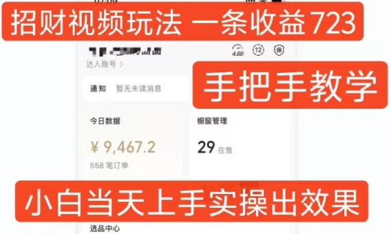 招财视频玩法，一条视频收益723，手把手教学，小白当天可上手-成可创学网